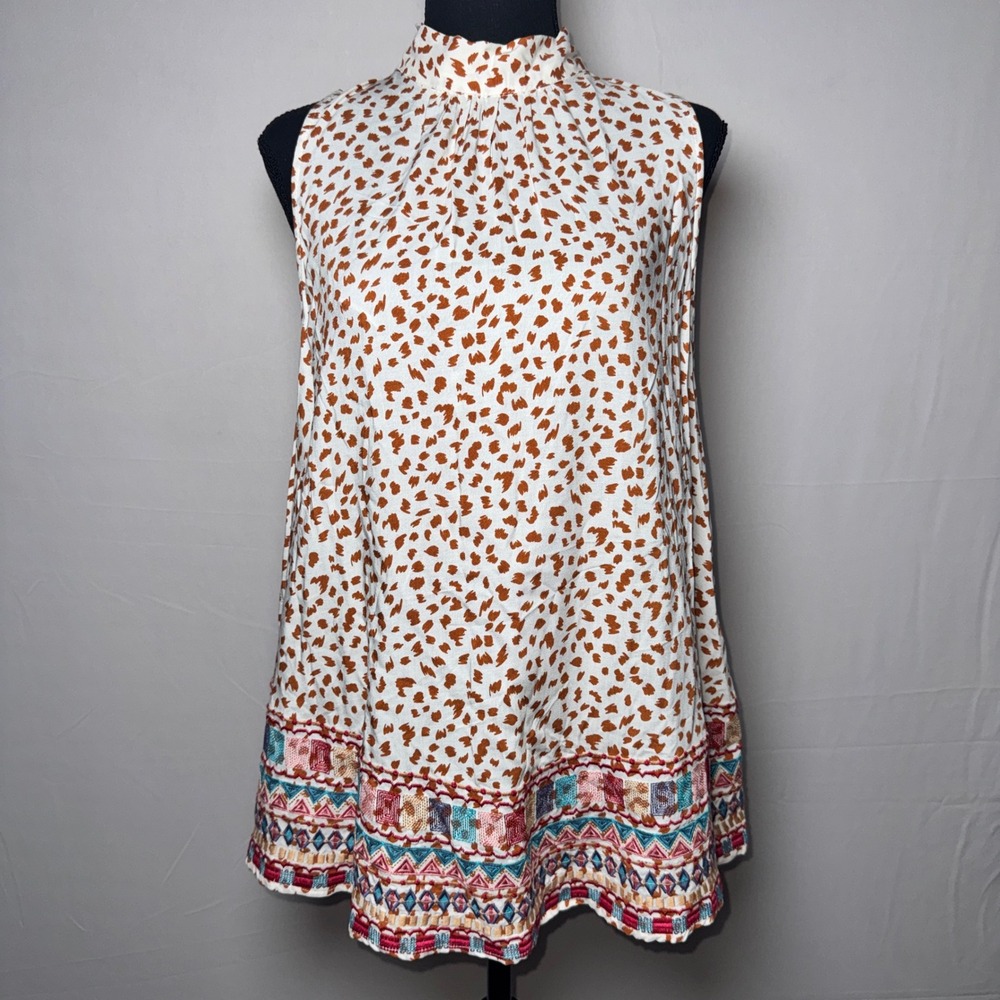 Savanna Jane Womens Brown White Animal Print Embroidered Hem Tie Neck Top L